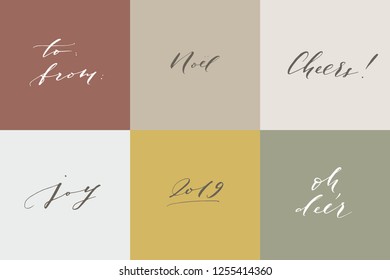 Vector Christmas hand written lettering quote set. Winter calligraphic card greeting collection. Festive minimalist elegant stylish phrases. Gentle feminine calligraphic festive brush lettering.