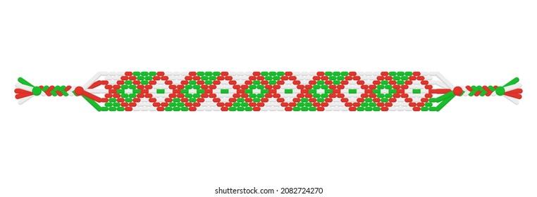 Vector Christmas handmade hippie friendship bracelet of green, red and white threads. Macrame normal pattern. Marry Christmas and Happy New Year