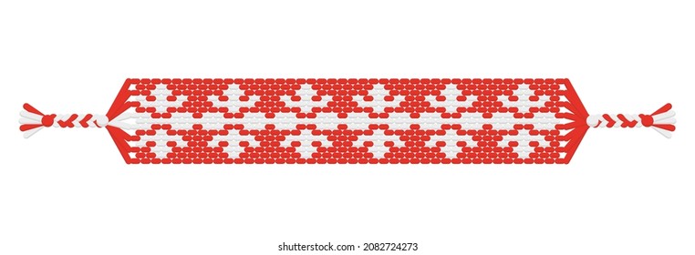 Vector Christmas handmade hippie friendship bracelet of whire and red threads. Macrame normal pattern. Marry Christmas and Happy New Year