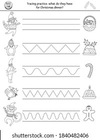 Vector Christmas handwriting practice worksheet. Winter printable black and white activity for pre-school children. Educational tracing game for writing skills with New Year characters and food
