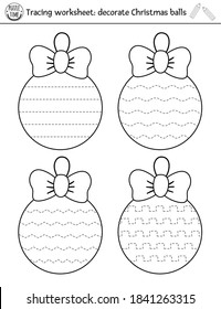 Vector Christmas handwriting practice worksheet. Winter printable black and white activity for pre-school children. Educational tracing game for writing skills. Decorate New Year balls 
