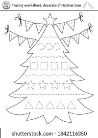 Vector Christmas handwriting practice worksheet. Winter printable black and white activity for pre-school children. Educational tracing game for writing skills. Decorate New Year tree 
