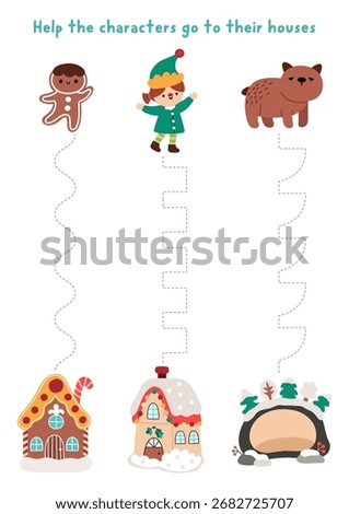 Vector Christmas handwriting practice worksheet with gingerbread man, elf and bear going to their houses. Printable activity for preschool kids with cute home. Winter holiday tracing game