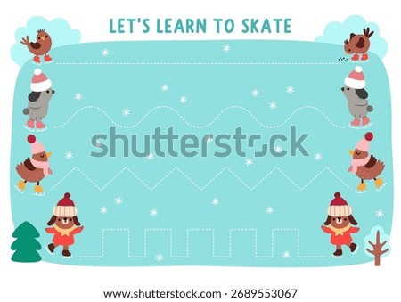 Vector Christmas handwriting practice worksheet with cute skating animals and ice rink. New Year printable activity for preschool children. Winter holiday tracing game for writing skills