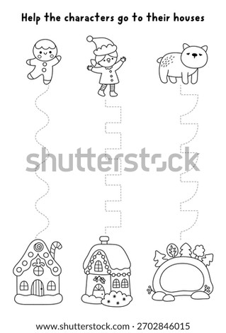 Vector Christmas handwriting practice worksheet with gingerbread man, elf, bear, houses. Printable black and white activity for kids with homes. Winter holiday line tracing game, coloring page