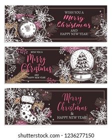 Vector christmas and happy new year set of horizontal banners in sketch chalkboard style