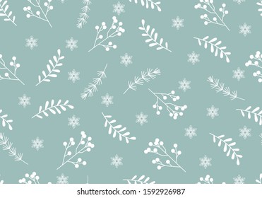 Vector Christmas and Happy new year seamless pattern. In Winter season with White Snowflakes and circles On Green background.