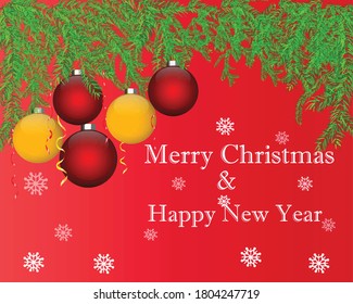 navidad vectorial y afiche feliz de año nuevo con hojas de abeto de fondo rojo y bolas de navidad