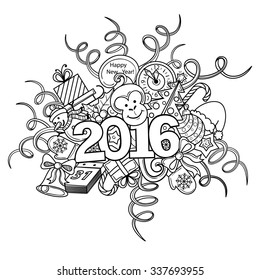 Vector Christmas and Happy New year card with cute monkey with 2 0 1 6 number. Holiday background with hand drawing cartoon character, snowflakes, snowman, bells. Doodle vector illustration. 