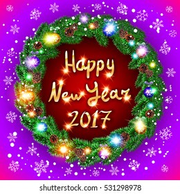 Vector Christmas happy new year 2017 green wreath. background. snow. light art