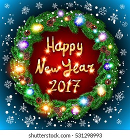 Vector Christmas happy new year 2017 green wreath. background. snow. light art