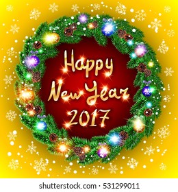 Vector Christmas happy new year 2017 green wreath. background. snow. light art