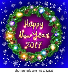 Vector Christmas happy new year 2017 green wreath. background. snow. light art