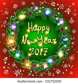 Vector Christmas happy new year 2017 green wreath. background. snow. light art