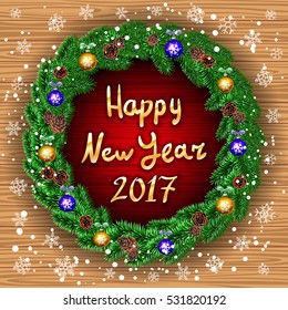 Vector Christmas happy new year 2017 green wreath. background. snow. light art