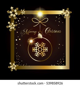 Vector Christmas and Happy New Year 2023 greeting card luxury background with gold glitter, Christmas ball, sparkle, falling snowflakes confetti. Christmas decoration, light effect Winter Holiday card