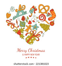 Vector christmas heart. New year drawing background. Happy holidays illustration.