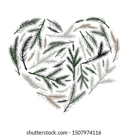 Vector Christmas heart with pine plant hand drawn holiday botanical background for greeting cards