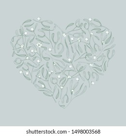 Vector christmas heart shape background with mistletoe plant for greeting card with love symbol