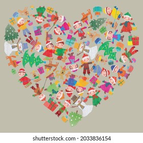 Vector christmas heart shape from scribble drawings of cheerful children, snowmen, gifts,fir trees and pets