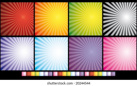 Vector. Christmas and holiday background. The outbreak. Rays
red, orange, yellow, blue, green, purple, gray background. A set of squares.