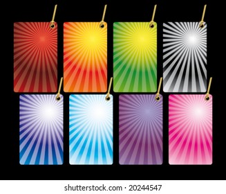 Vector. Christmas and holiday background. The outbreak. Rays
red, orange, yellow, blue, green, purple, gray background. A set of labels.