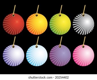 Vector. Antecedentes de Navidad y vacaciones. El brote. Rays
rojo, naranja, amarillo, azul, verde, violeta y gris fondo. Un conjunto de etiquetas.
