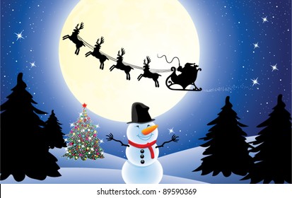 vector christmas holiday background with santa claus, christmas tree and snowman