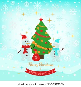 Vector christmas holiday card with two snowmen and decorated christmas tree.