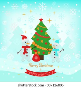 Vector Christmas holiday card with two snowmen and decorated Christmas tree.