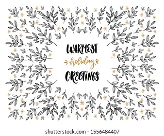 Vector Christmas Holiday frame with lettering. Floral branch and berries. Greeting card design