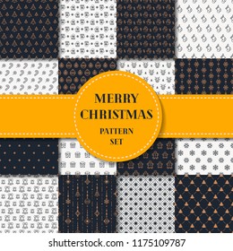 Vector Christmas holiday pattern set gold style consisting of snowflake, toy, gift, tree, mitten, candy, deer for greeting card, promotion, poster, web, decoration, party, flyer, banner sale. 10 eps