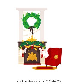 vector christmas holiday room with decorated with candles, spruce tree wreath and stars fireplace with christmas stockings and armchair with pillow near carpet. Isolated illustration white background.