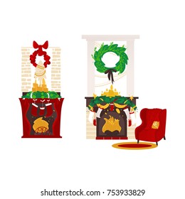 vector christmas holiday room, decorated with candles, spruce tree wreath, bow and stars fireplaces with christmas stockings, armchair with pillow near carpet. Isolated illustration white background.