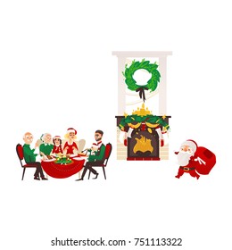 vector christmas holiday scenes set. Santa standing with present bag, decorated with spruce branch, holly and candles fireplace with stocking, family sitting at festive table. Isolated illustration.