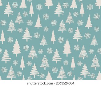 Vector Christmas holiday seamless pattern. Forest on a blue background. Design for gift wrapping paper, fabric, clothes, textile, surface textures, scrapbook, wallpaper.