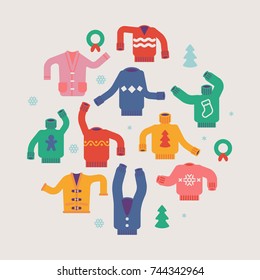 Vector Christmas holiday season round shaped design element made of cozy funny ridiculous sweaters, cardigans, pullovers and jumpers. Ideal for Ugly Sweater party invitations, posters and flyers