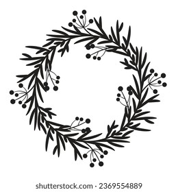 vector christmas holiday winter wreath with berries and pine twigs. card template for happy new year and merry christmas greeting cards. round frame with ornament in flat style