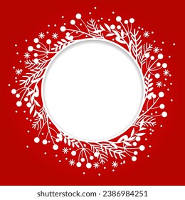 vector christmas holiday winter wreath with berries, pine twigs and snowflakes. card template for happy new year and merry christmas greeting cards. round frame with ornament in flat style