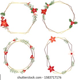 Vector Christmas holiday wreaths set with gold geometric borders and foliage and flowers in red and green