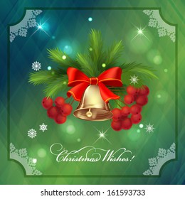 Vector Christmas holidays card. Xmas composition with decorations, frame, bell, red bow, Rowan berries, Christmas tree branches, stars, snowflakes, lights, text, bokeh on abstract green background