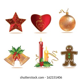 Vector Christmas holidays gingerbread man, star, candle and  bell with ribbons on white background