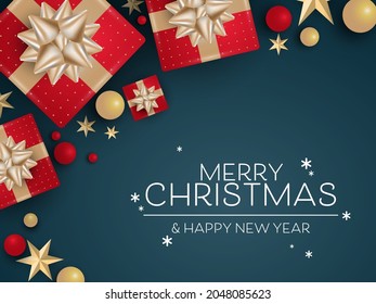 Vector Christmas holidays greeting banner of realistic red color gift boxes with gold ribbons and tiny beads on blue background with Merry Christmas, Happy New Year text. 