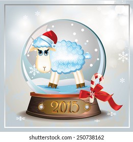 Vector Christmas holidays snow ball with  blue Lamb and ribbon