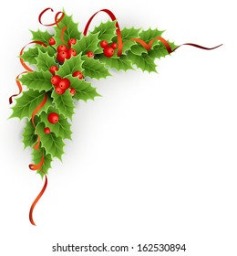 Vector Christmas holly with berries and red ribbon