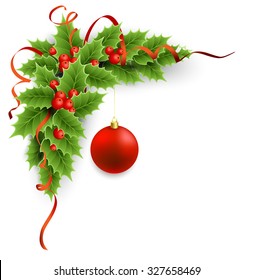 Vector Christmas holly with berries and red ball.