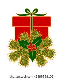 vector christmas holly, twigs and gift isolated on white background