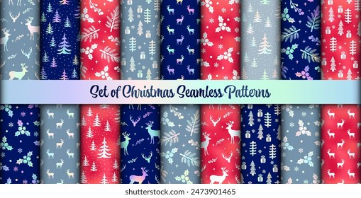 Vector Christmas holographic seamless patterns set. Winter hand drawn gradient print. Cute Scandinavian holiday background with Christmas tree, deer, fir branch, berry texture for gift wrap, fabric