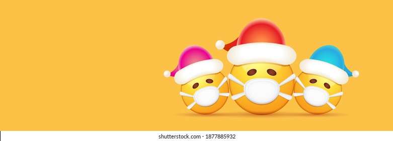 Vector Christmas horizontal banner with funky Emoji sticker with mouth medical protection mask and santa claus red hat isolated on orange background. Yellow santa doctor smile face character set