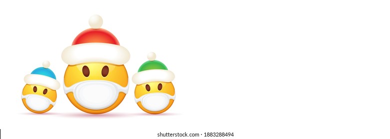 Vector Christmas horizontal banner with funky Emoji sticker with mouth medical protection mask and santa claus red hat isolated on white background. Yellow santa doctor smile face character set